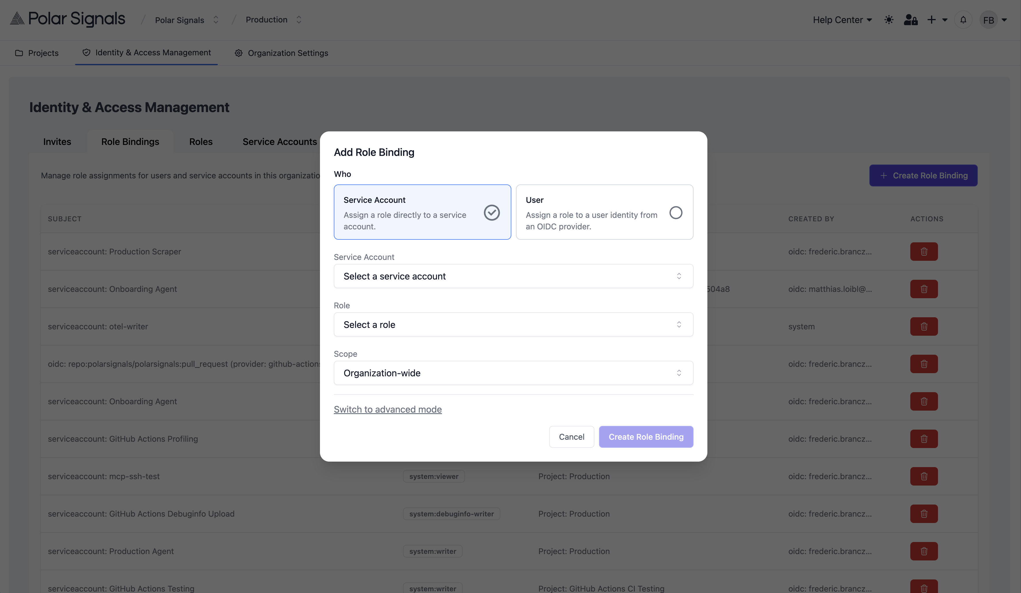 Create Role Binding modal