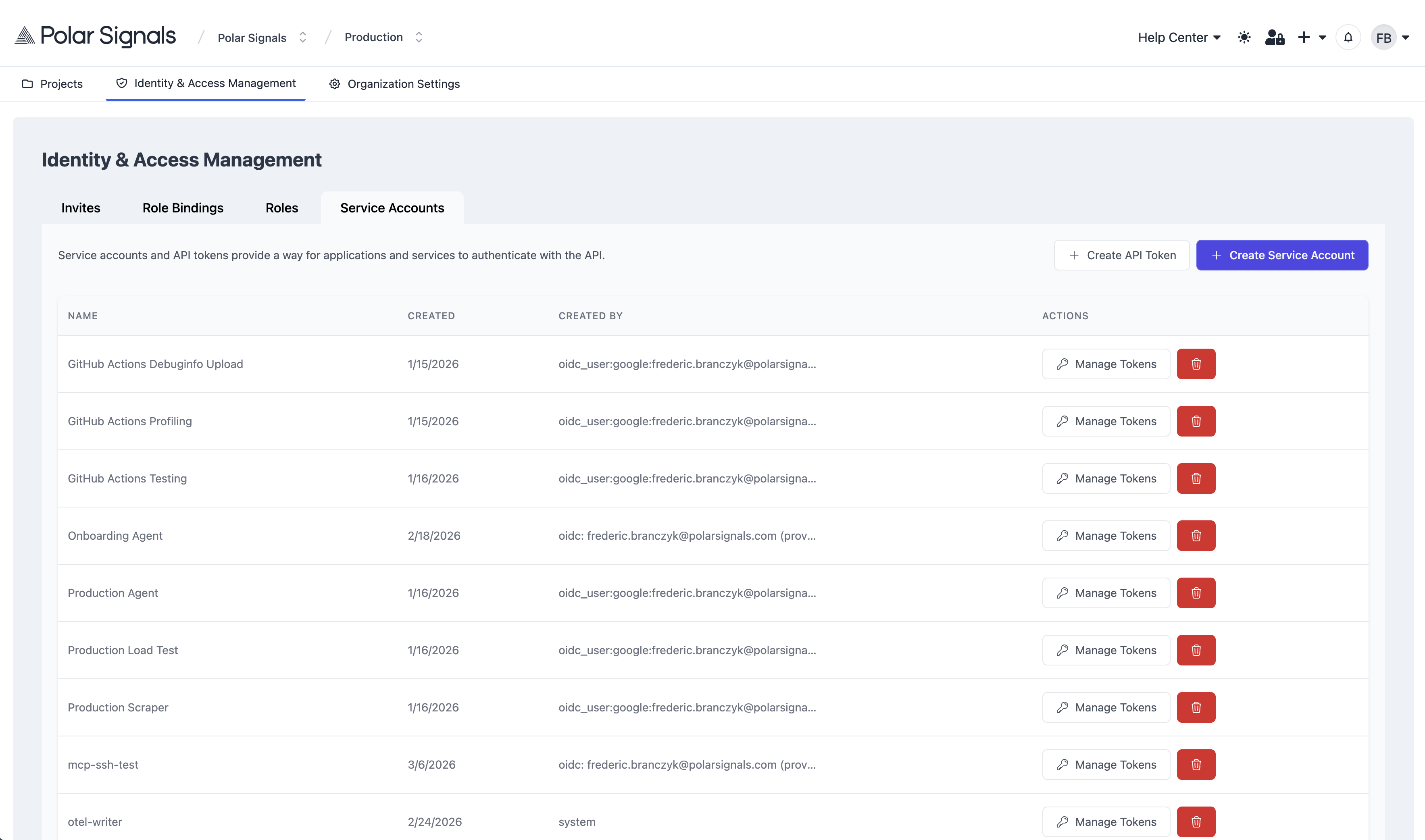 IAM Service Accounts page