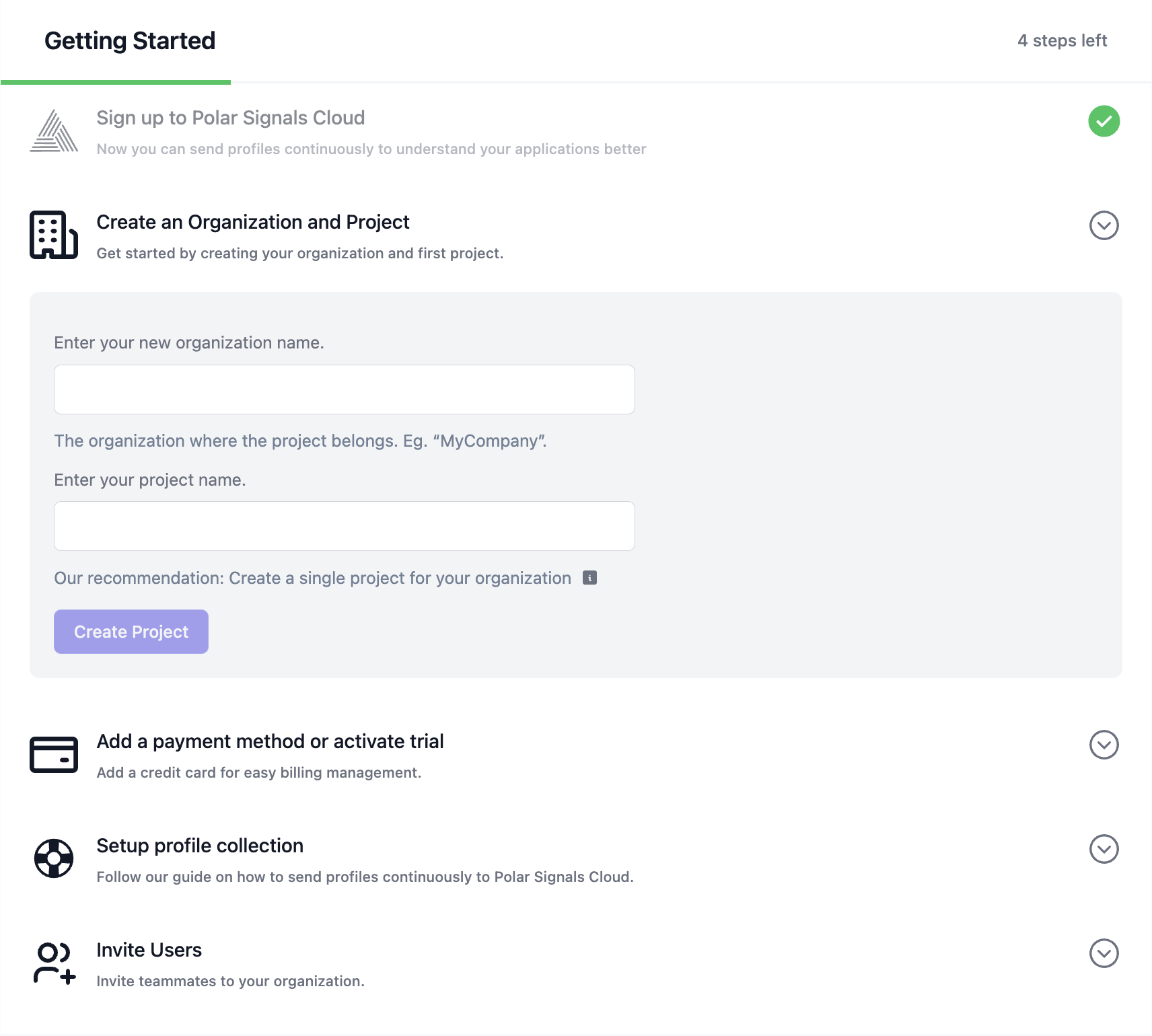 Sign up page - create Organization and Project